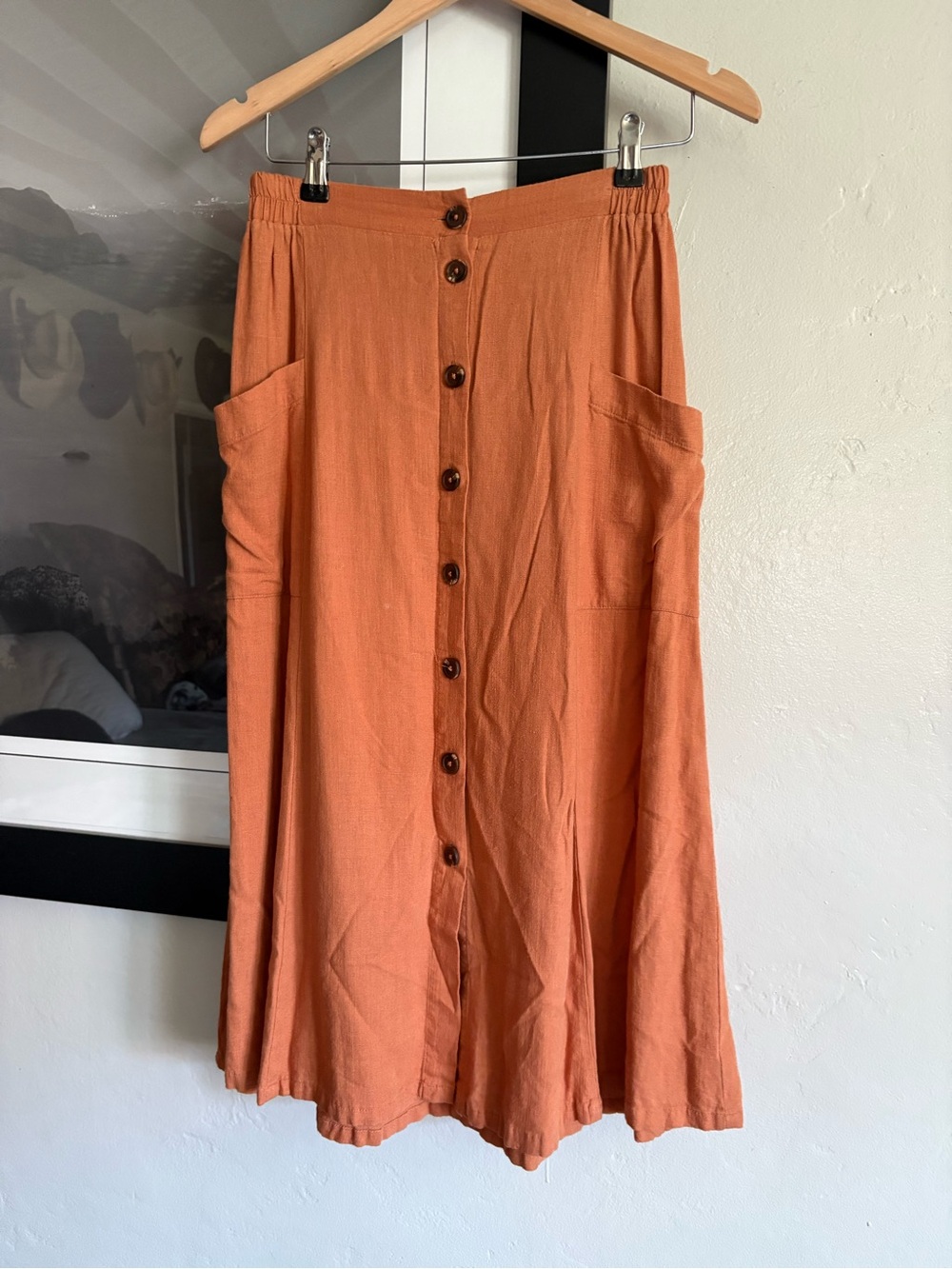 vintage Dotti Button-Front Midi Skirt in Rust Orange with Pockets